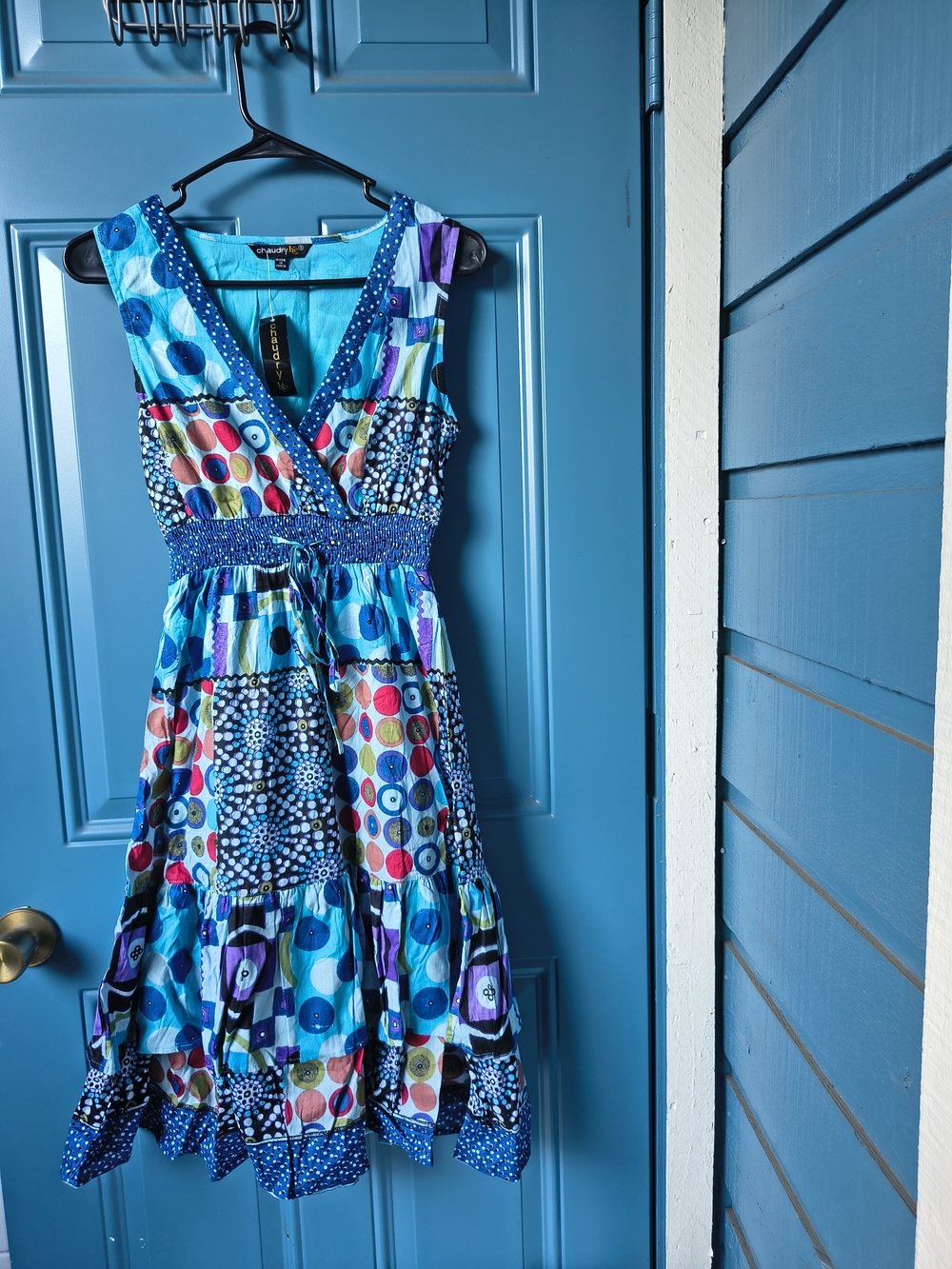 Vibrant Blue Multi-Print V-Neck Midi Dress